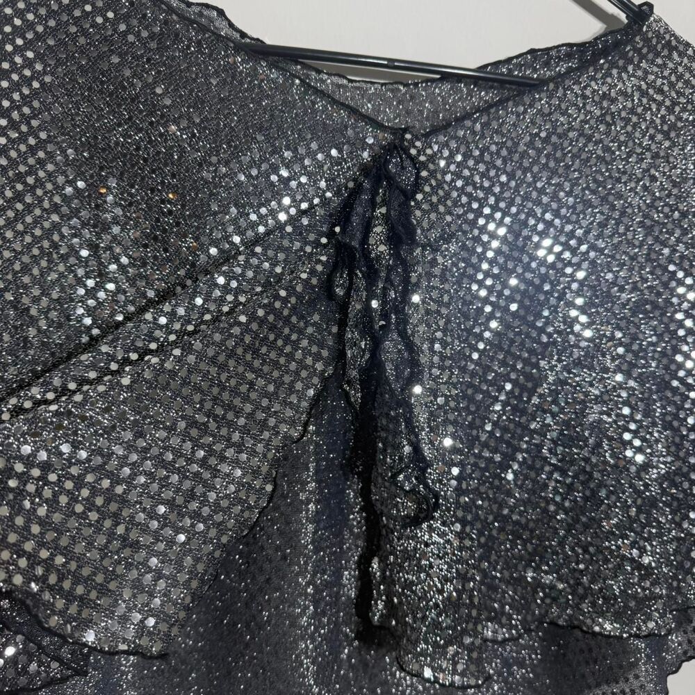 Y2K Black Silver Sequin Cape with tie detail Versatile Party Festival Accessory - Picture 6 of 8